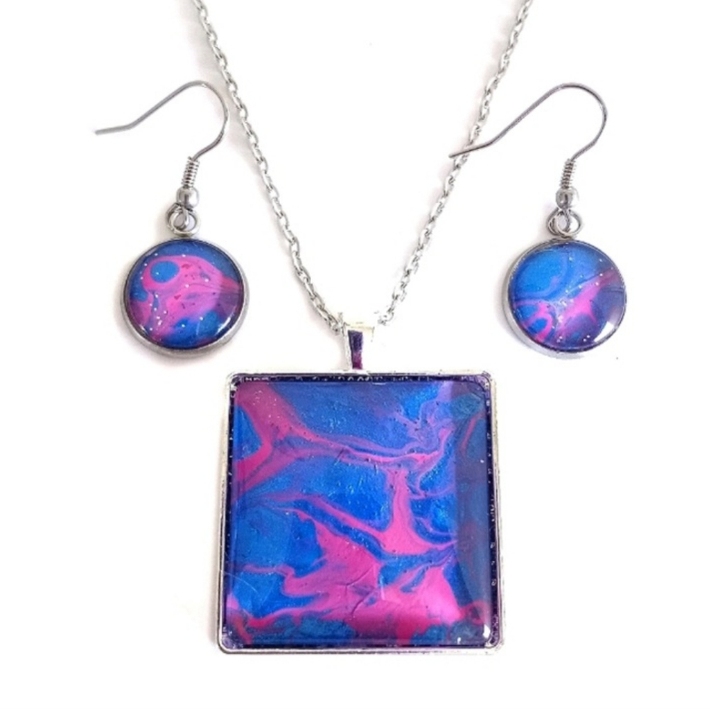 Pink and blue acrylic paint pour necklace and earrings jewelry set NEW - Picture 1 of 5